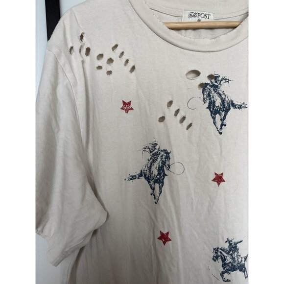 The Post Women’s Distressed Tee Cowboy Rodeo Size SMALL/MED Top USA boho Western - Picture 6 of 13